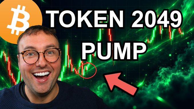 A YouTube thumbnail featuring a smiling man with glasses, with text 'TOKEN 2049 PUMP', a Bitcoin logo, green trading chart graphics, and a red arrow pointing to a circled chart element.