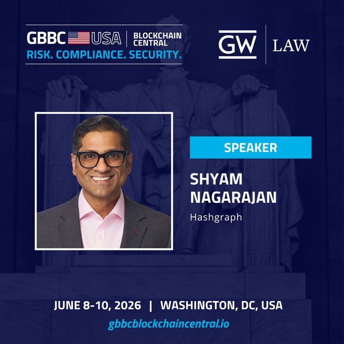 The image features a man wearing glasses, smiling for the camera while sitting next to a statue. The background includes text that reads "GBBC USA BLOCKCHAIN CENTRAL Risk Compliance, Security, Law" and "GUEST SPEAKER SHYAM Nagarajan".
