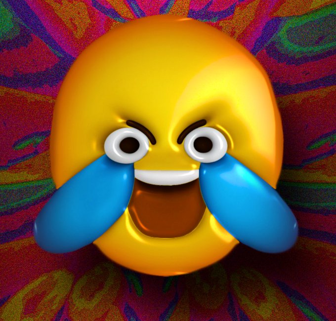A glossy, 3D-rendered laughing emoji with streams of blue tears streaming from its eyes against a vibrant, psychedelic rainbow background, capturing the "fun" energy of uncontrollable laughter.