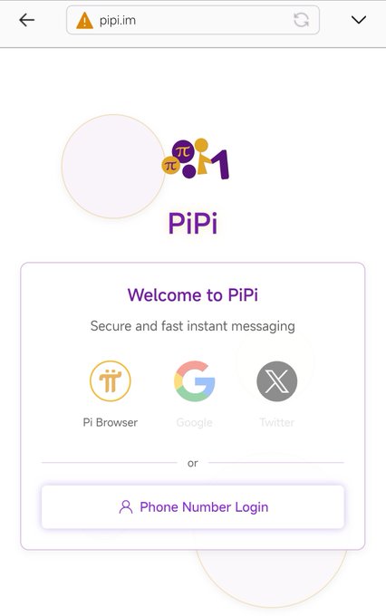 The image shows the login page for "PiPi," a secure instant messaging platform, accessed via "pipi.im" in the browser. The login options include Pi Browser, Google, Twitter, or a phone number, connecting to Pi Network's history of launching this IM platform a year ago before rebranding due to the awkward phonetic association with "pee pee."