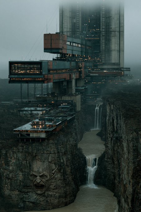A massive brutalist structure with stacked, illuminated modular sections rises out of thick fog, perched dramatically on the edge of a steep cliff. Below, waterfalls cascade into a dark river gorge, while a giant menacing face is carved into the rock face at the bottom left.