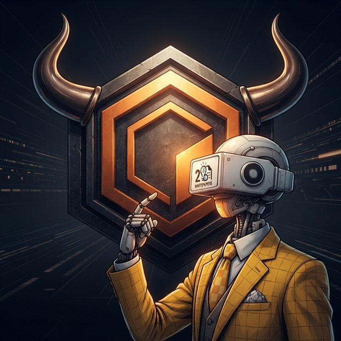 A stylized digital illustration features a humanoid robot wearing a yellow plaid suit and VR headset, pointing upward, set against a glowing orange hexagonal emblem with bull horns. The background shows dark digital code streams.