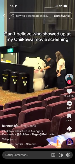 A TikTok screenshot from user @kenneth_leb showing a Chiikawa movie screening with the text 'Can't believe who showed up at my Chiikawa movie screening' and 'Chiikawa will return in Avengers: Doomsday @Golden Village @Gol... više'