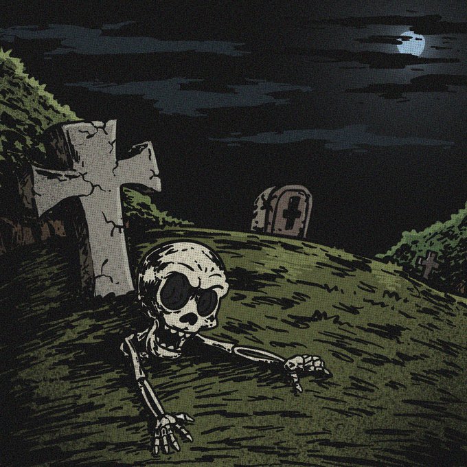 A skeleton crawls out of its grave under a moonlit night sky in a spooky graveyard with cracked tombstones, illustrating the "REVEAL IS LIVE" NFT drop announcement as the undead figures emerge from their resting places. The haunted scene matches the post's theme of skeletons revealing themselves after being hidden in their graves.