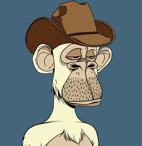 A digital illustration of a Bored Ape Yacht Club-style cartoon monkey wearing a brown cowboy hat, depicted with a bored expression against a solid blue background.