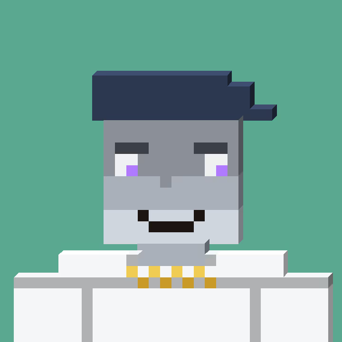A pixel art character with gray skin, purple eyes, dark blue hair, and a gold chain necklace against a green background.