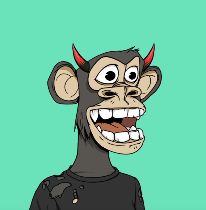 The image features a cartoon monkey with horns wearing a black shirt and has a big smile on its face. The monkey appears to be happy and is standing against a green background. There are no other objects or text present in the image, making it a simple and straightforward scene focused solely on the monkey's expression and attire.