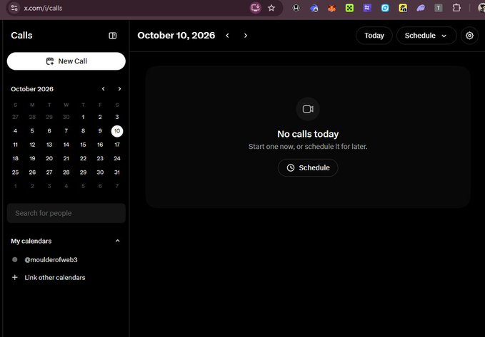 A screenshot of a web-based Calls application (x.com/calls) displaying the October 2026 calendar with October 10 highlighted, showing 'No calls today' on the scheduled date.