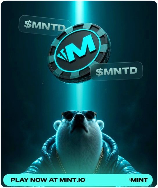 A promotional graphic for a cryptocurrency token featuring a stylized bear character in sunglasses and a gold chain, with the text '$MNTD' and 'PLAY NOW AT MINT.IO' with a 'MINT' logo.