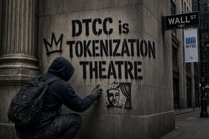 A person in a hoodie spray-paints graffiti reading 'DTCC is TOKENIZATION THEATRE' on a Wall Street building corner near an NYSE flag.