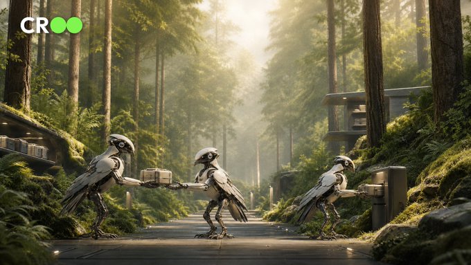 Three robotic agents collaborate in a misty forest, passing a package between them while a fourth works at a console. The "CROO" logo appears in the corner, reinforcing the post's theme of the agent economy arriving quietly through autonomous work being done in the background.