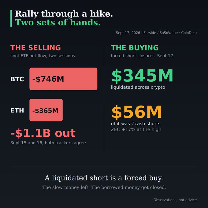 An infographic titled "Rally through a hike. Two sets of hands." contrasting "The Selling" with "BTC -$746M" and "ETH -$365M" (totaling "-$1.1B out") against "The Buying" with "$345M liquidated across crypto" including "$56M of it was Zcash shorts."