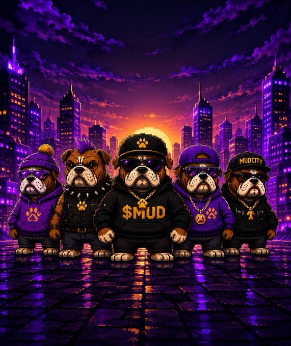 A vibrant, stylized digital illustration of five bulldogs wearing streetwear, gold chains, and sunglasses, with one wearing a hoodie reading '$MUD' against a purple cyberpunk cityscape at sunset.