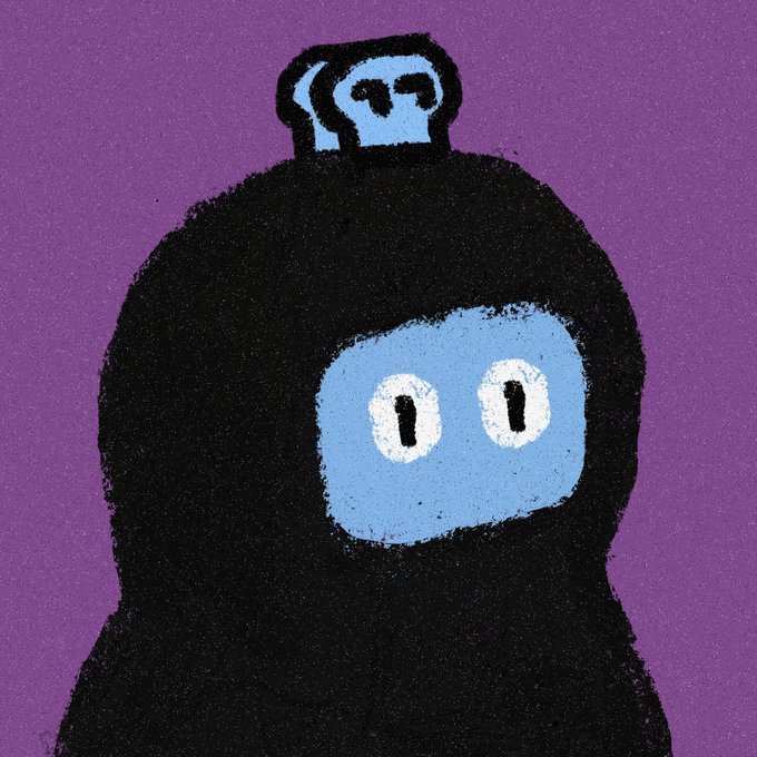 A digital illustration of a round, fluffy black creature with a blue face and simple white eyes, featuring a smaller blue face on top, set against a purple background.