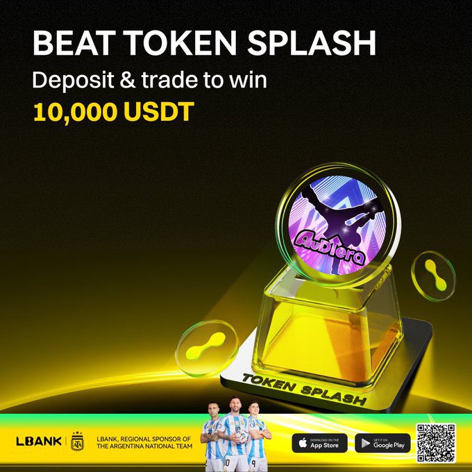 A promotional advertisement for 'BEAT TOKEN SPLASH' by LBANK announces a chance to win 10,000 USDT through deposit and trading, featuring a yellow perfume bottle labeled 'TOKEN SPLASH' with an 'Audiera' coin emblem, noting LBANK as a regional sponsor of the Argentina national team with App Store and Google Play download links.