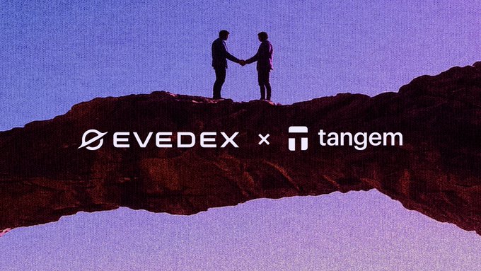 Two silhouettes shake hands atop a rugged cliff against a dusky purple sky, above logos reading "EVEDEX × Tangem," symbolizing the partnership between digital asset infrastructure and onchain trading announced with the message "Proud to announce our partnership with @Tangem."