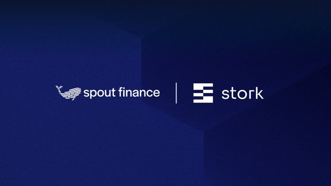 A dark blue graphic showing the logos for 'spout finance' and 'stork' side by side, separated by a vertical line, likely announcing a partnership or integration.