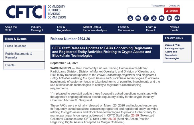 The image shows a CFTC press release (Release Number 9303-26) dated September 24, 2026, announcing staff updates to FAQs regarding registrant and registered entity activities related to crypto assets and blockchain technologies, with CFTC Chairman Michael S. Selig stating the updates aim to provide regulatory clarity for the crypto industry.
