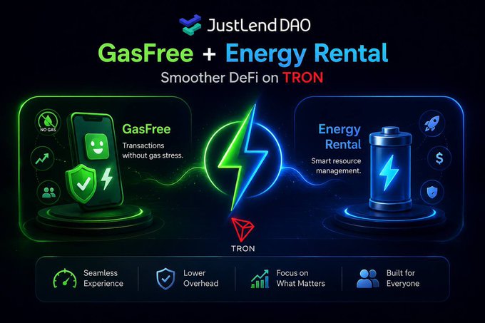 JustLend DAO promotional graphic for 'GasFree + Energy Rental' featuring smoother DeFi on TRON, highlighting seamless experience, lower overhead, and smart resource management.