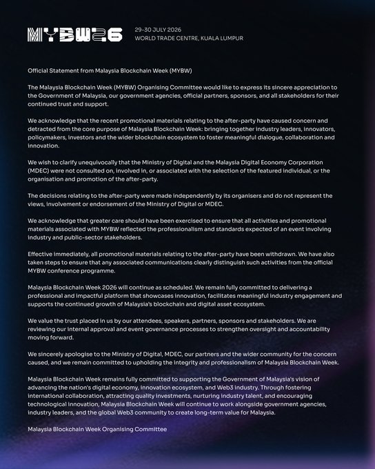 An official statement document from the "MYBW26" (Malaysia Blockchain Week) Organizing Committee addresses concerns over after-party materials and clarifies that the Ministry of Digital and MDEC were not involved.