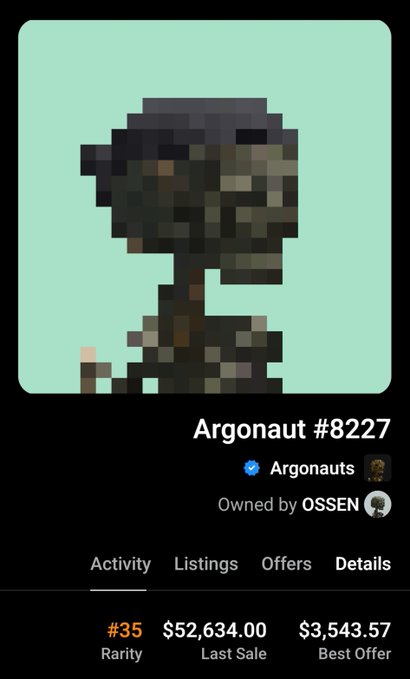 A digital NFT profile page displaying a pixelated skull-like character titled 'Argonaut #8227' from the Argonauts collection, owned by OSSEN, with a last sale price of $52,634.00.
