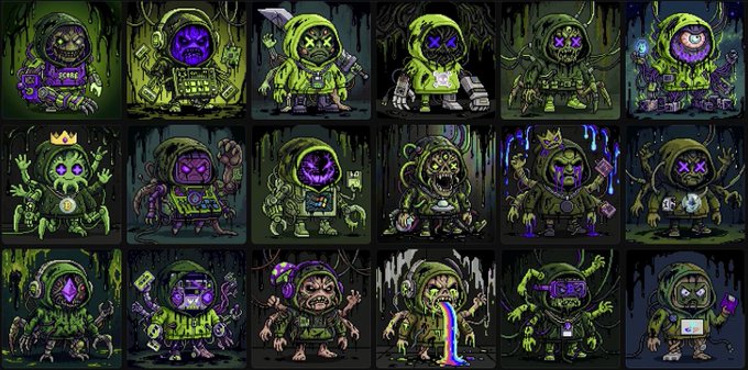 A grid of 18 pixel art characters wearing green hoodies with various grotesque and monstrous faces, suggesting a horror-themed NFT collection.