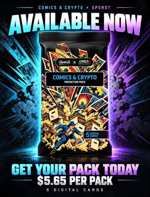 A promotional advertisement for 'Comics & Crypto x Upshot' prediction pack available for $5.65, featuring comic book imagery.