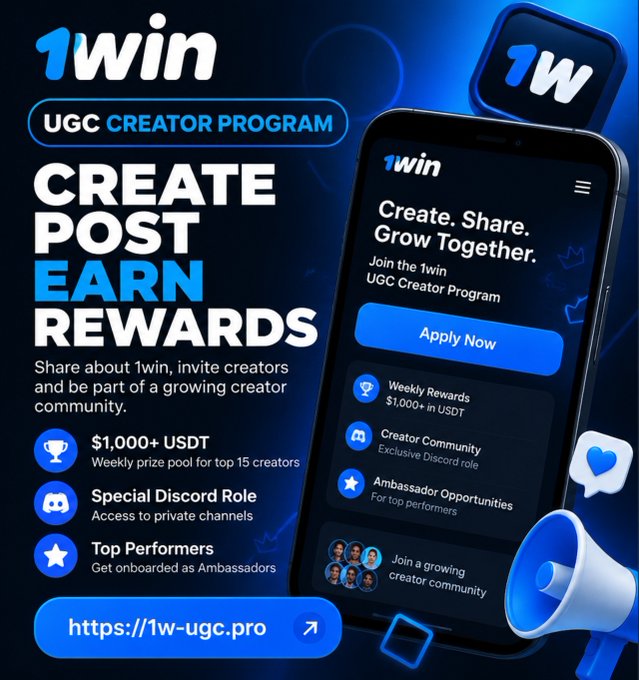 A promotional advertisement for the '1win UGC Creator Program' with the slogan 'CREATE POST EARN REWARDS', highlighting a $1,000+ USDT weekly prize pool and the link 'https://1w-ugc.pro'.