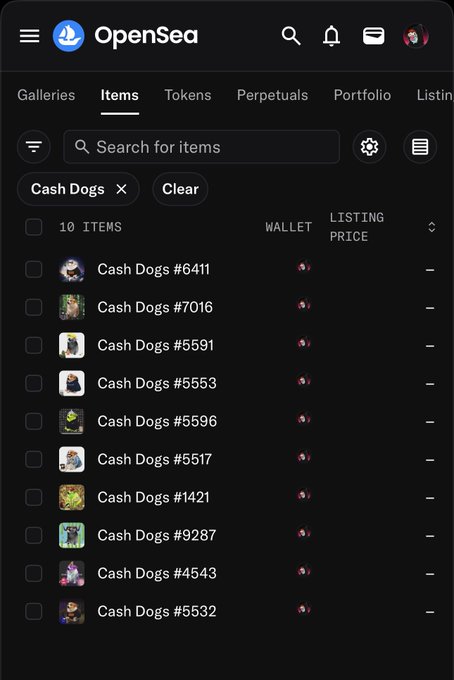A screenshot of the OpenSea NFT marketplace showing a list of "Cash Dogs" items in the Items tab under the Galleries section.