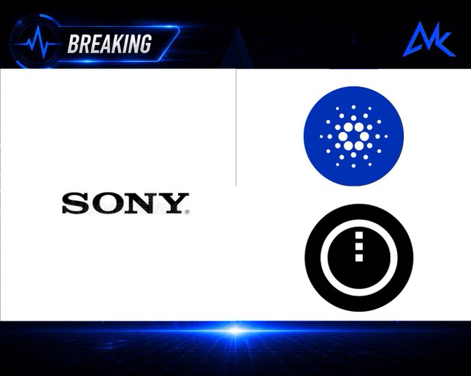 A breaking news graphic from MK features the Sony logo alongside the Cardano (ADA) logo and Midnight's NIGHT token symbol, illustrating the announcement that Sony-backed Japanese exchange S.BLOX has listed ADA and NIGHT, with NIGHT being the first privacy-focused token on a domestic Japanese exchange.