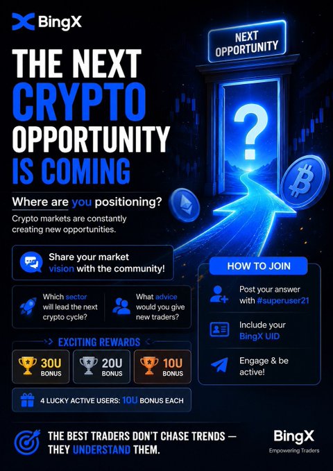 A BingX promotional poster titled 'THE NEXT CRYPTO OPPORTUNITY IS COMING' featuring a neon 'NEXT OPPORTUNITY' doorway with a question mark, outlining a community contest with rewards of 30U, 20U, and 10U bonuses for users posting with hashtag #superuser21.
