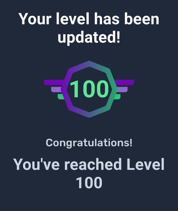 A digital notification screen with text reading 'Your level has been updated! Congratulations! You've reached Level 100,' accompanied by a winged emblem containing the number 100.