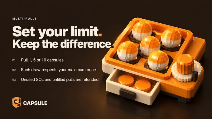 An advertisement for 'CAPSULE' titled 'Set your limit. Keep the dividend' featuring a 3D illustration of orange and white capsules on a device.
