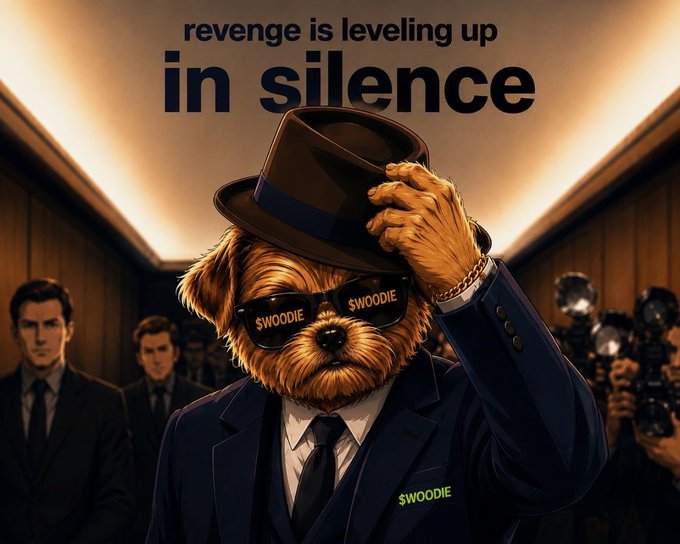 An illustrated image of a dog wearing a suit, fedora, and sunglasses labeled "SWOODIE," with the text "revenge is leveling up in silence" and a "$WOODIE" label on the jacket pocket.