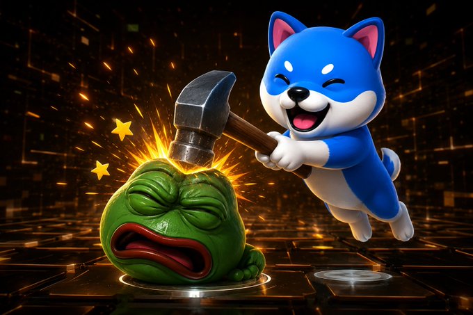 A 3D illustration of a cute blue and white Shiba Inu dog wielding a hammer to smash a green Pepe frog character, with sparks flying in a dark digital environment.