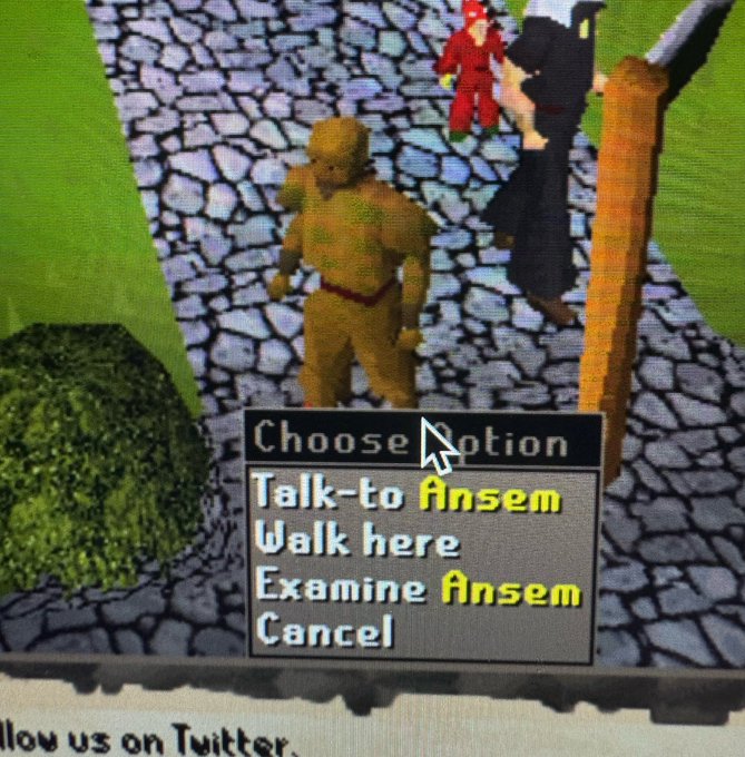 A screenshot of a retro RPG video game (likely RuneScape Classic) shows a player character facing Ansem on a cobblestone path, with a "Choose Action" menu offering "Talk to Ansem" highlighted. The image's context—paired with a tweet calling followers "crazy" and tagging @solana_scape—suggests the Ansem character is a playful reference to the controversial figure associated with the Solana memecoin community.