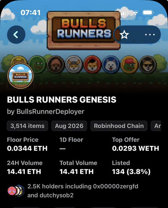 A mobile screenshot shows the "Bulls Runners Genesis" NFT collection page by BullsRunnerDeployer on Robinhood Chain, with 3,514 items, a floor price of 0.0344 ETH, 24H volume of 14.41 ETH, and 2.5K holders. The accompanying tweet celebrates the collection being "up" but still cheap, hinting at an upcoming pump once others discover who's behind the project.