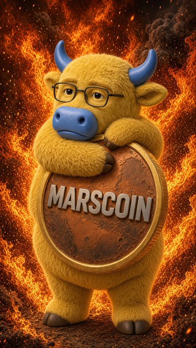A fluffy yellow cartoon bull wearing glasses holds a large bronze coin labeled 'MARSCOIN' against a dramatic fiery, volcanic background.