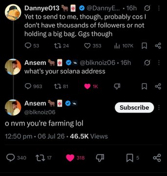 A Twitter/X conversation where DannyE013 mentions holding a big bag, followed by user @blknoiz06 asking for a Solana address and joking 'o nvm you're farming lol'.