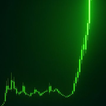 A green candlestick chart showing a strong upward price trend on a dark background.