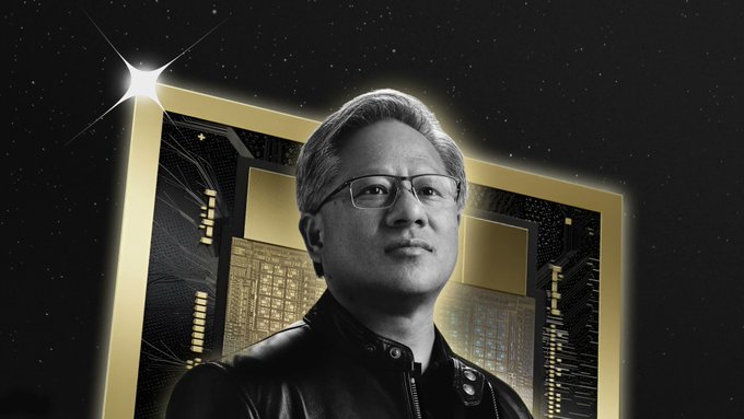 A black-and-white portrait of Jensen Huang, CEO of Nvidia, set against a dark starry background with a glowing gold rectangular frame displaying stylized circuit chip imagery behind him. The image visually anchors the post's news that Huang revealed a single 1-gigawatt AI factory built on Nvidia ($NVDA) architecture could cost up to $100 billion.