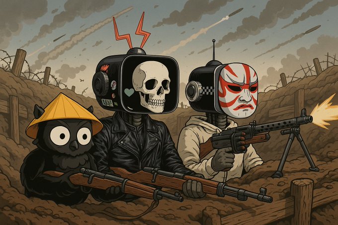 A surreal illustration showing a black cat in a yellow conical hat, a figure with a TV-headed skull in a leather jacket, and a figure with a TV-headed Kabuki mask wielding weapons in a World War I-style trench setting with explosions and artillery shells in the sky.
