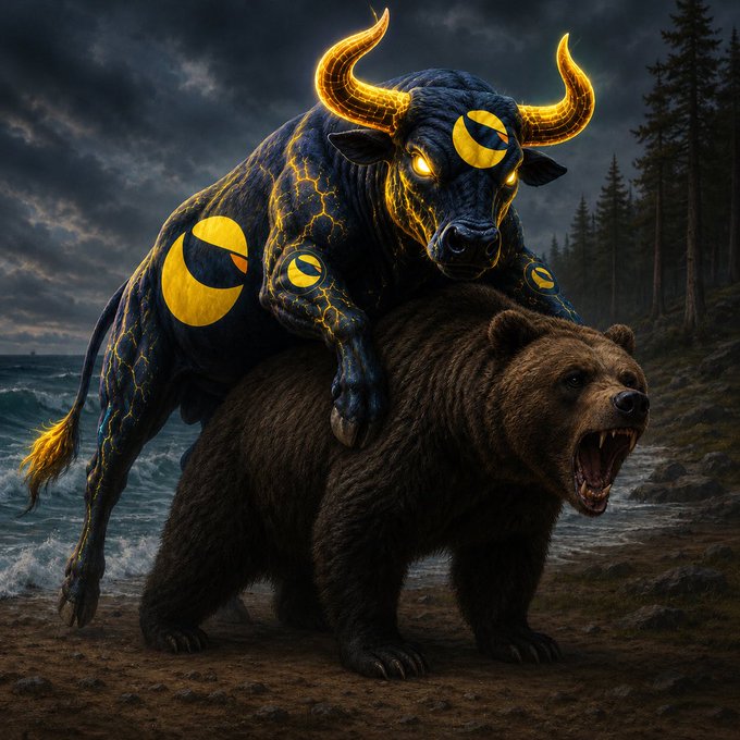 A digital artwork showing a mythological black bull with glowing yellow symbols riding atop a snarling brown bear, set against a stormy coastal landscape.