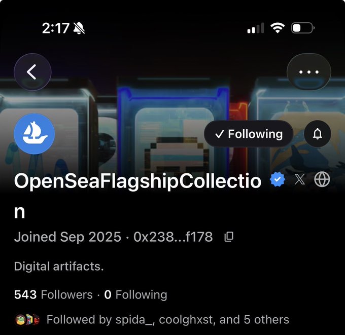 A screenshot of an X/Twitter profile for 'OpenSeaFlagshipCollection' displaying the username, joined date of Sep 2025, bio reading 'Digital artifacts,' and 543 followers.