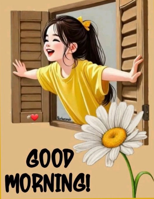 The image features a girl with long hair wearing a yellow shirt, looking out of an open window at a flower outside. The text "Good morning!" is written above her head, indicating that it's a good day for starting the day on a positive note.