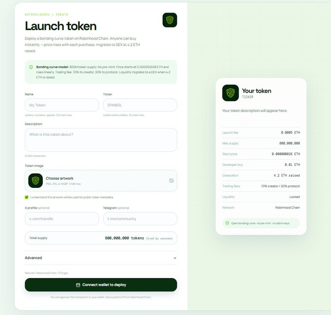 The image shows a "Launch token" interface for deploying a bonding curve token on Robinhood Chain, featuring form fields for token name, ticker, description, and image (with "My Token" and "SYMBOL" as example inputs), alongside a preview card displaying token metrics like a 0.0005 ETH launch fee, 800,000,000 max supply, and a "Connect wallet to deploy" button. This relates to the post by illustrating the actual tool being promoted—a meme token launchpad on Robinhood Chain, where users can create tokens with the displayed bonding curve model that starts trading with no pre-mint and migrates to a DEX at 4.2 ETH raised.