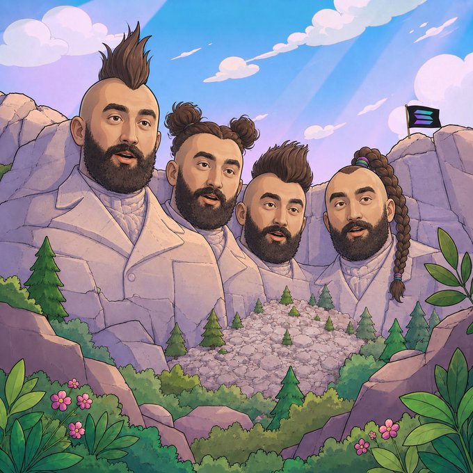 An illustration parodying Mount Rushmore, featuring the four members of AJR carved into a mountainside surrounded by pine trees and pink flowers.