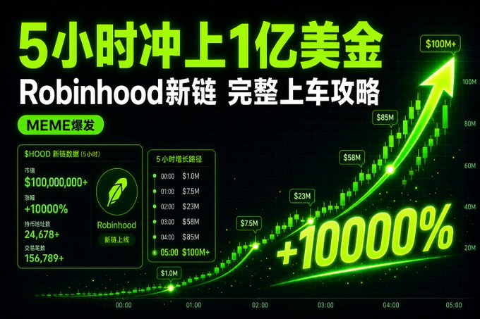 A promotional graphic showing the explosive growth of the $HOOD token on Robinhood's new chain, with a candlestick chart depicting its market cap surging from $1M to over $100M in just 5 hours (+10,000%), alongside stats showing 24,678+ holding addresses and 156,789+ transactions, illustrating the meme coin frenzy described in the post about Robinhood Chain's wealth effect.