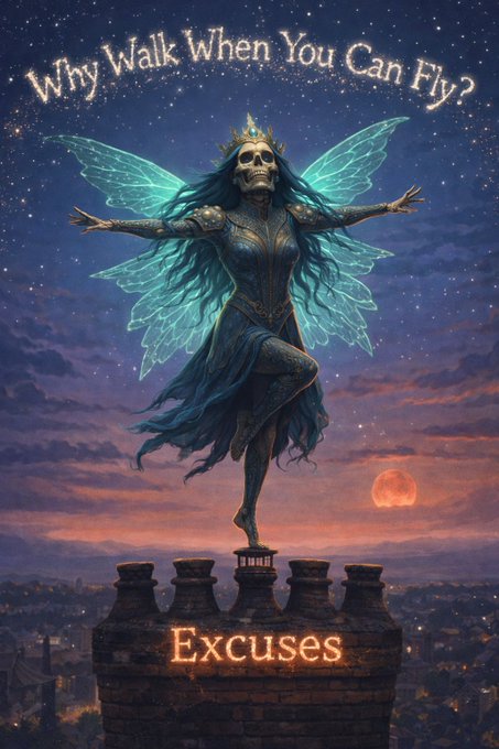 A fantasy illustration of a winged skeletal figure with a crown, floating above a tower labeled "Excuses", with text reading "Why Walk When You Can Fly?".