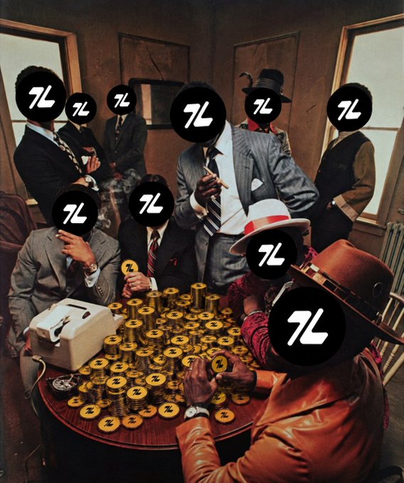 A group of men in suits and hats are gathered around a table covered in stacks of yellow coins marked with a logo, though their faces are obscured by circular graphics.